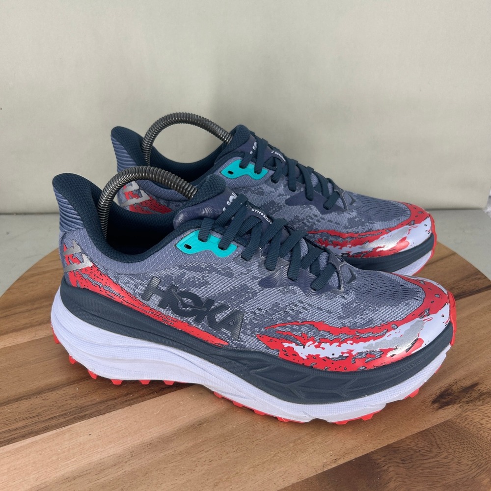 Hoka Stinson 7 Womens Trail Running Shoes 9.5 B Gray Red Blue Cushioned Comfort